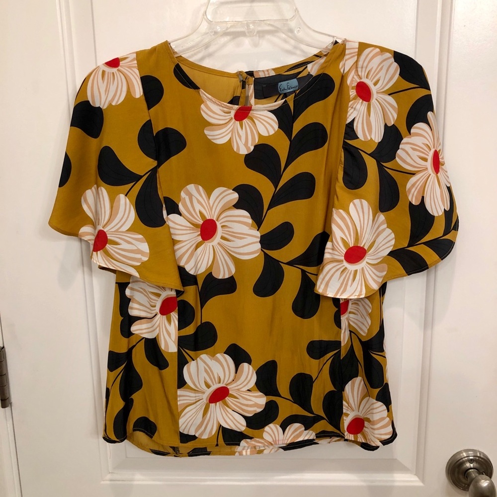 Eva Franco Mustard Floral Flutter Sleeve Blouse
